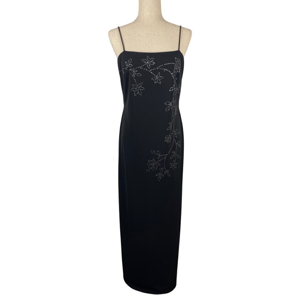Vintage Y2K Black Silver Glitter Floral Thin Strap Maxi Pencil Dress Size 8 Prom